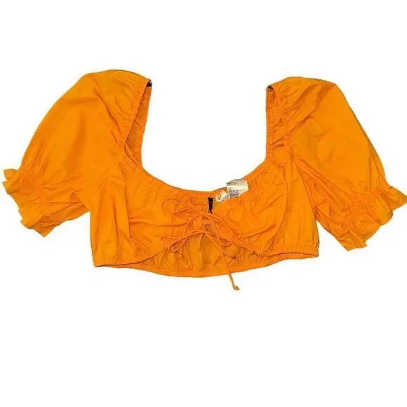 H&M Divided Crop Top Tie Front Puff Sleeve Orange Size Medium NWT - Picture 2 of 5
